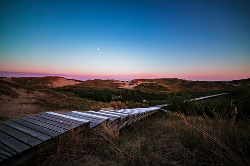 Steps on coastal wooden boardwalk after sunset with colorful purple sky over rolling sand dunes and coastal vegetation. Summer vacation, holiday at sea concept.