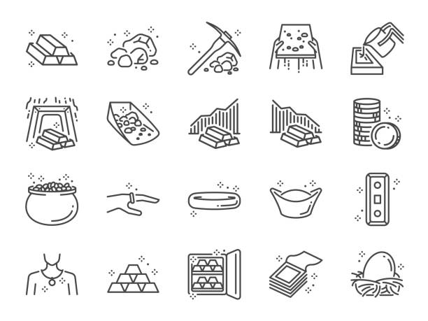 Gold line icon set. Included icons as golden, mine, gold bar, price, asset, wealth and more. Gold line icon set. Included icons as golden, mine, gold bar, price, asset, wealth and more. gold metal icons stock illustrations