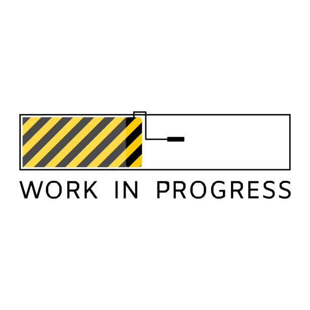 Work in progress status bar. Work in progress warning sign with yellow and black stripes painted , showed on concept of loading bar with paint roller with isolated background. undone stock illustrations