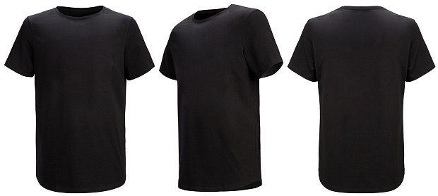 Front, 3/4, back views of black t-shirt isolated on white background with paths. Regular style. Shooted on a invisible mannequin. Template, blank for logo