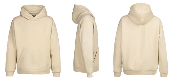 ベージュパーカーテンプレート。クリッピングパス付きパーカーのスウェットシャツの長袖、白い背景に分離されたプリント用のデザインモックアップ用パーカー。 - hooded shirt ストックフォトと画像