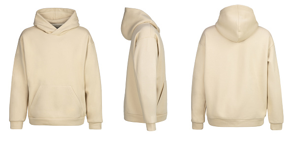 Beige hoodie template. Hoodie sweatshirt long sleeve with clipping path, hoody for design mockup for print, isolated on white background. Shooted on a invisible mannequin