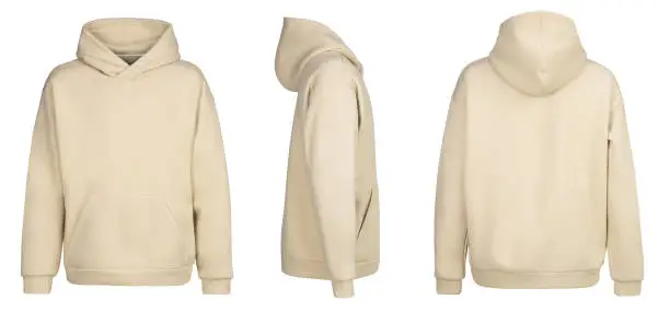 Photo of Beige hoodie template. Hoodie sweatshirt long sleeve with clipping path, hoody for design mockup for print, isolated on white background.