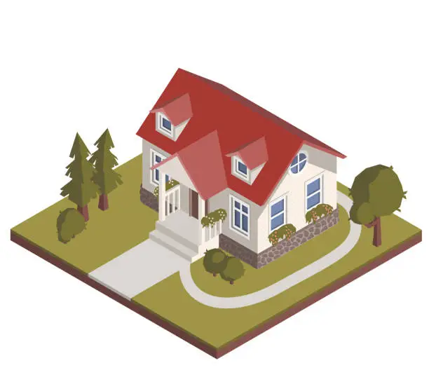 Vector illustration of Isometric cottage with garden illustration. Stock vector. Private house icon, suburban building.