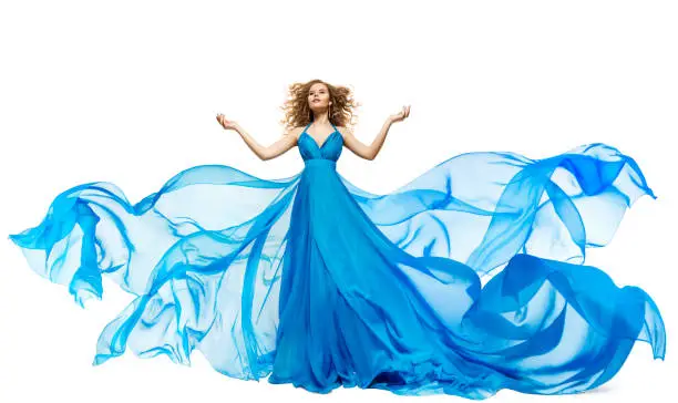 Woman Blue Dress Fluttering on Wind, Waving Silk Cloth and Hair, Artistic Fashion Gown Waving, isolated on White background