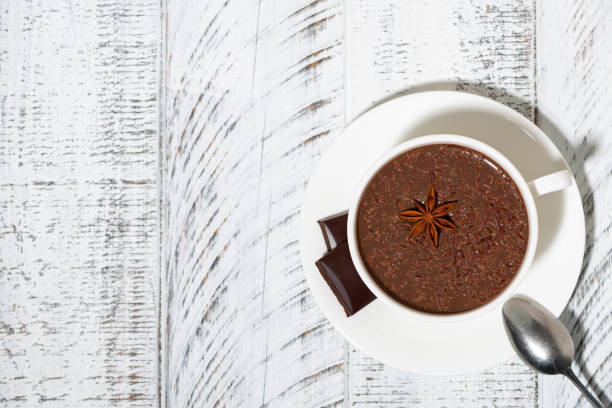 istock cup of hot spiced chocolate on white table, top view 1225400512
