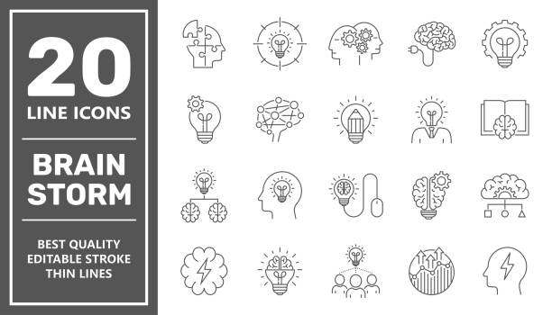 illustrazioni stock, clip art, cartoni animati e icone di tendenza di set di icone di linea brainstorming. cervello, creatività, nuova idea. tratto modificabile. - intelligent