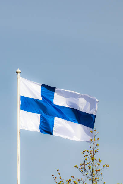 istock Finnish national flag on the wind against the blue sky 1225403673
