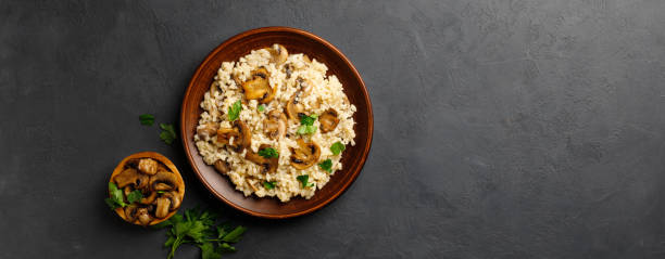 a dish of italian cuisine - risotto from rice and mushrooms in a brown plate on a black slate background. - stone textured italian culture textured effect imagens e fotografias de stock