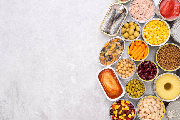 Canned food on gray background background