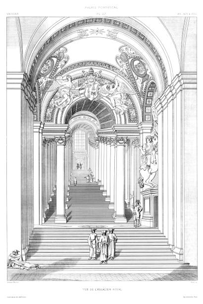 교황궁전: 1471년에서 1660년까지 바티칸 1882년 왕실 계단 의 전경 - style st peters basilica travel destinations architecture stock illustrations