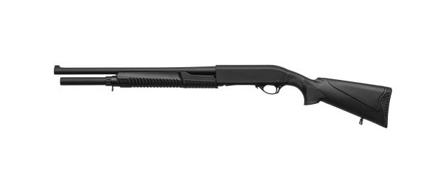 istock Modern pump-action shotgun with a plastic butt and fore-end isolate on a white background. Weapons for sports and self-defense. Armament of police, army and special units. 1225405884