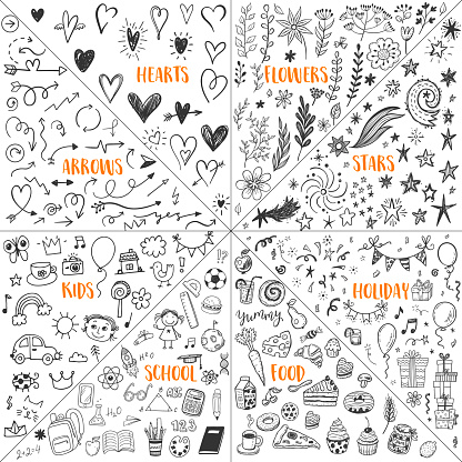 Big doodle set with hand drawn hearts, flowers and floral elements, stars and comets, holiday birthday party, sweet food, school and study, funny kids and creative arrows.
