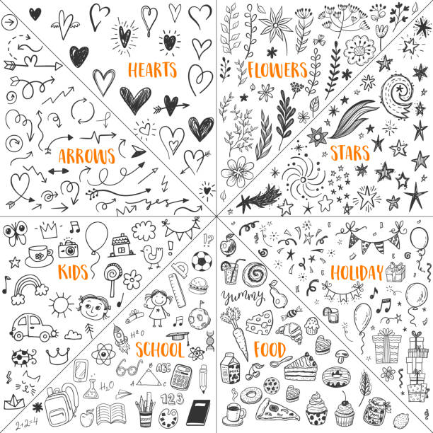 Big doodle set with hand drawn hearts, flowers and floral elements, stars and comets, holiday birthday party, sweet food, school and study, funny kids and creative arrows. Big doodle set with hand drawn hearts, flowers and floral elements, stars and comets, holiday birthday party, sweet food, school and study, funny kids and creative arrows. happiness drawings stock illustrations