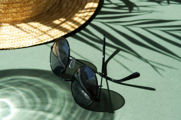 istock sunglasses, straw hat and floral palm shadows on mint background top view. Flat lay creative fashion  lifestyle . 1225406363
