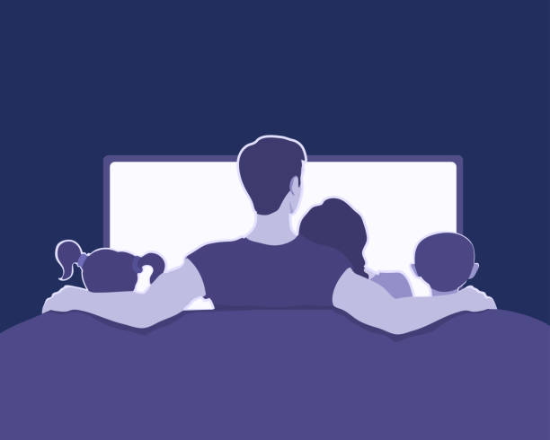 Family sitting on a sofa together, watching tv, a movie in a dark. Home, movie theater. Parents and kids silhouettes. Vector cartoon illustration with copy space. kids watching tv stock illustrations