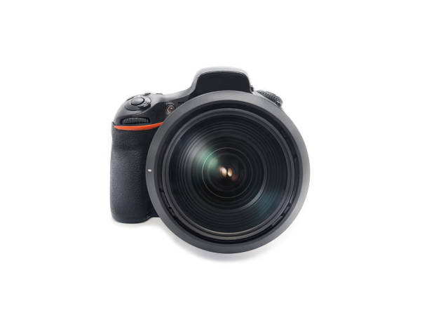 istock professional Dslr digital photo camera with huge wide angle lens isolated on white 1225410351