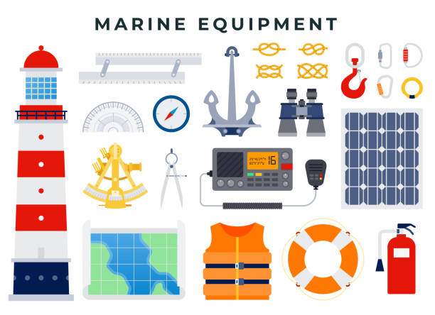 ilustrações, clipart, desenhos animados e ícones de conjunto vetorial de ícones náuticos e marinhos em estilo plano, isolado em fundo branco. - marine safety equipment audio