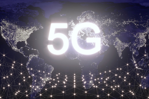 5G Technology Background. New Generation Networks.(3d render)\nSource of this map texture : https://pxhere.com/en/photo/1359711