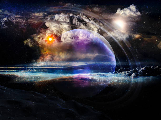 istock Alien planet with rings in clouds in outer space. Elements of this image furnished by NASA. 1225412202