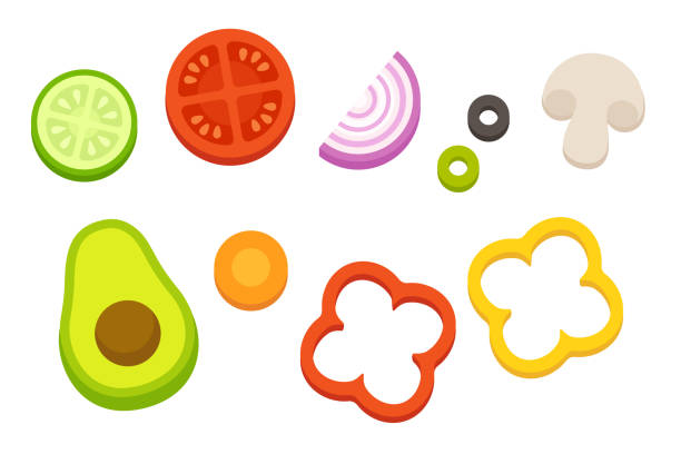 illustrazioni stock, clip art, cartoni animati e icone di tendenza di verdure tagliate a cartoni animati - symbol food salad icon set