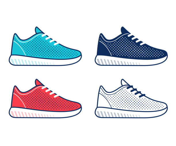 Running shoe icon set Modern running shoe icon set. Simple mesh top sneakers in blue, red, black and white. Isolated vector clip art illustration collection. running shoes white background stock illustrations