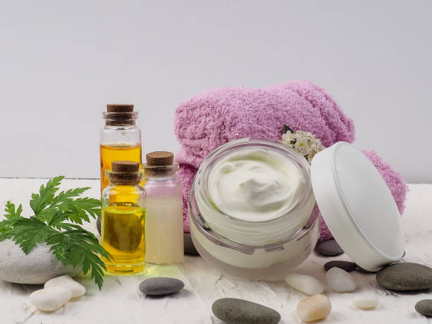 istock Spa accessories with stones, Composition of spa treatment on table colorful background 1225414801