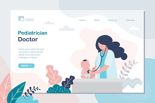 Pediatrician doctor landing page template. Doctor listens to a child with a stethoscope. Infant baby and female medical specialist