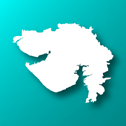 White map of Gujarat isolated on a trendy color, a blue green background and with a dropshadow. Vector Illustration (EPS10, well layered and grouped). Easy to edit, manipulate, resize or colorize.