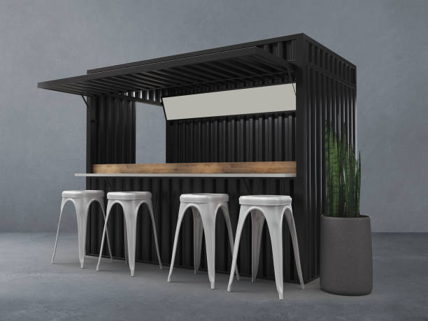 istock Beautifully converted shipping container in the into modern cafe bar restaurant, 3d rendering, mockup. 1225416124