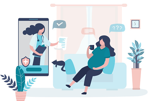 Online consultation,recommendations of a physician. Prenatal medicine,famale characters. Medical app on smartphone. Internet chat. Cute pregnant woman in home and doctor. Living room interior.Vector