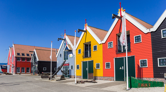 Panorama of colorful wooden houses in Zoutkamp, Netherlands