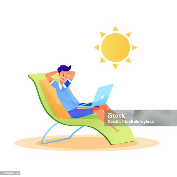 Vector Berlibur Vector Pemuda Freelancer Mengetik Laptop Di Pantai Ilustrasi Stok ...