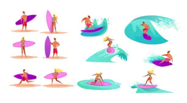 Vector illustration of Vector young men women surfing riding waves