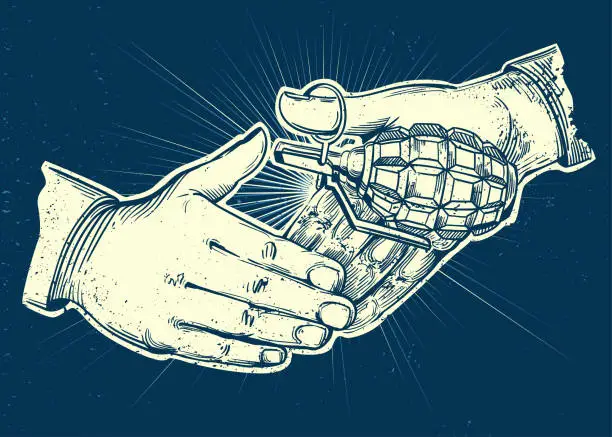 Vector illustration of Close up people hands shake. Hand-drawn Handshake with hand grenade. Hidden enemy and conflict metaphor. Dangerous deal