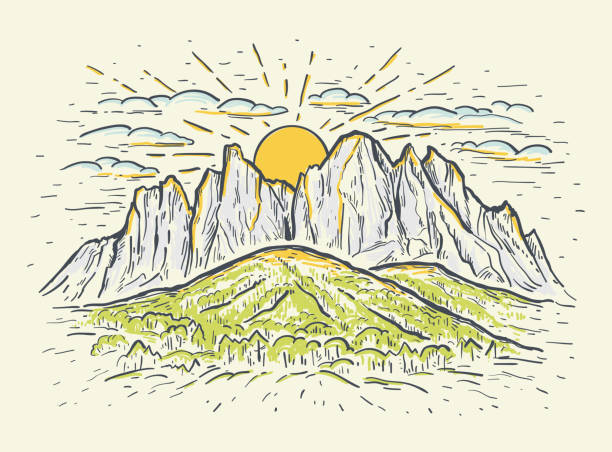 ilustrações, clipart, desenhos animados e ícones de ilustração de vetor de desenho de cores desenhada à mão com uma montanha, penhasco e nascer do sol ou pôr do sol. paisagem romântica vintage. - planalto