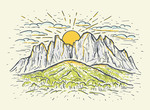 Hand drawn color sketch vector illustration with a mountains, cliff and sunrise or sunset. Vintage romantic landscape. Design for print, postcard, poster, cover, banner