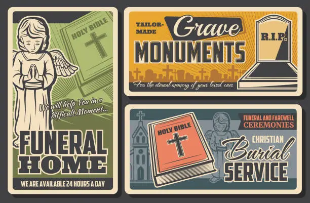 Vector illustration of Funeral home, crave monuments and burial service