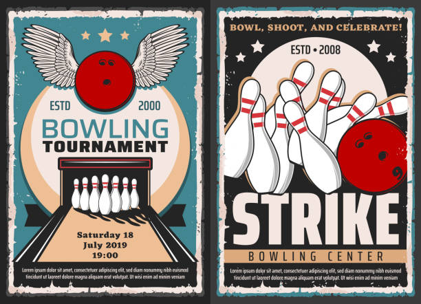 Bowling center entertainment game tournament Bowling tournament, leisure and entertainment sport center, vector vintage posters. Bowling ball with with and skittle pins in strike on lane, premium quality stars club cricket bowler stock illustrations