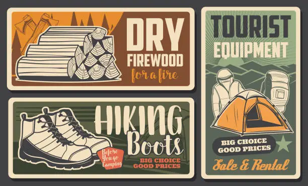 Vector illustration of Hiking boots, camping tourism equipment shop