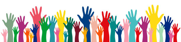 kolorowe ręce do banner ilustracji wektora. wielonarodowa międzynarodowa koncepcja zespołu, wolontariusza, grupy, przyjaźni, jedności, grupy, stowarzyszenia, firmy, partnerstwa, świętowania, zaplecza imprezowego - hand raised stock illustrations