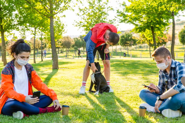 istock Group of friends walking together during virus epidemic 1225420976