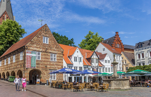 Cafe and bar at the Nordermarkt square in Flensburg, Germany