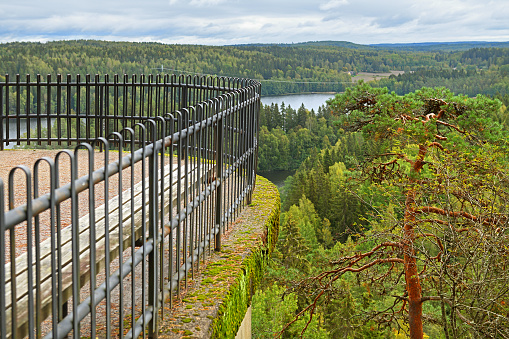 Observation deck for travelers in Aulanko forest park. Hameenlinna, Finland