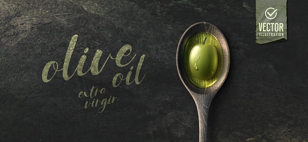 Vector realistic olive illustration, wooden spoon and oil on black stone background
