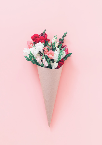 Roses, Snapdragon bouquet in cone on pink background, flat lay, top view. Snapdragon