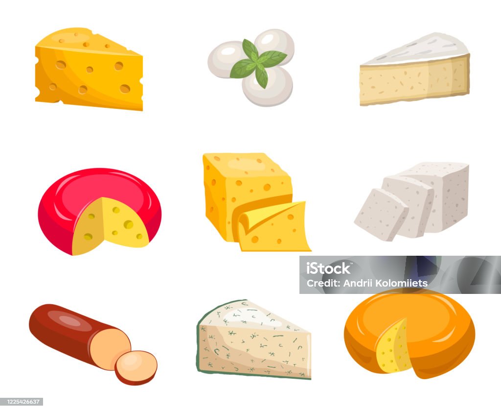 Cheese set. Yellow piece cheddar oval white mozzarella gouda slice blue mold roquefort. Cheese set. Yellow piece cheddar oval white mozzarella gouda slice blue mold roquefort smoked sausage chees slice vegetarian toffu feta, goat milk camembert. Fragrant color vector clipart. Cheese stock vector