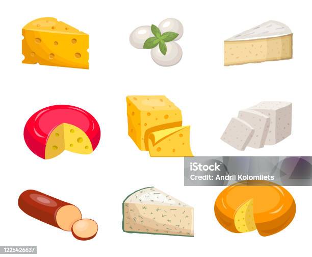 Cheese Set Yellow Piece Cheddar Oval White Mozzarella Gouda Slice Blue Mold Roquefort Stock Illustration - Download Image Now