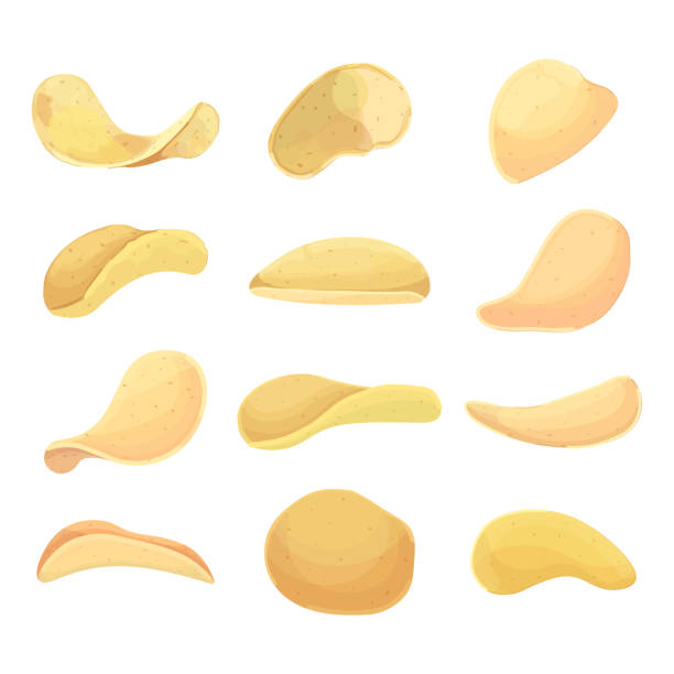 set kartoffelchips isoliert auf weißem hintergrund - potato chip stock-grafiken, -clipart, -cartoons und -symbole