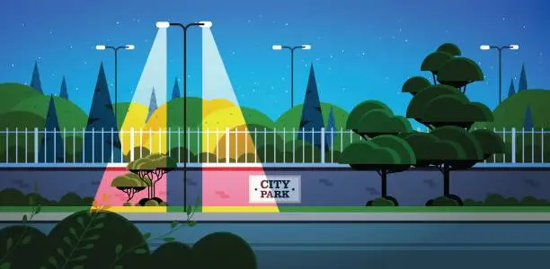 Vector illustration of city park banner on fence beautiful night landscape background horizontal